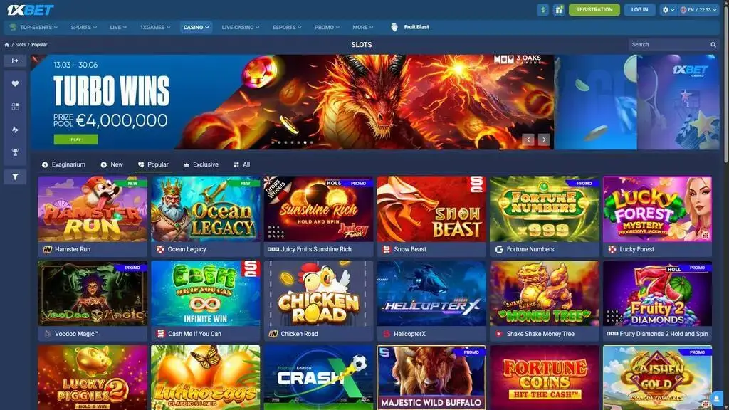 1xBet Türkiye slot oyunları sayfası. Hamster Run, Ocean Legacy ve Turbo Wins turnuvası ile 4.000.000 € ödül havuzu.