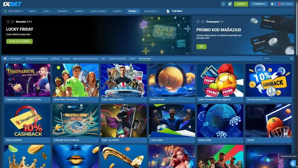 1xBet Türkiye promosyon sayfası, kullanıcılar için %10 cashback, promo kod mağazası ve spor bonuslarını gösteriyor.