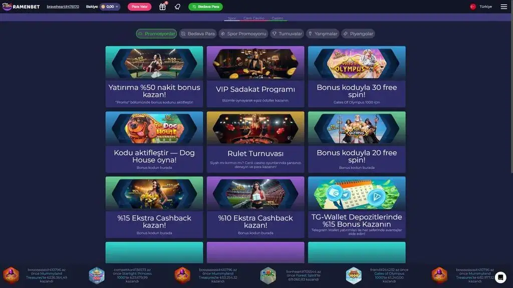 Ramenbet bonusları — %50 nakit bonus, free spin ve cashback fırsatları