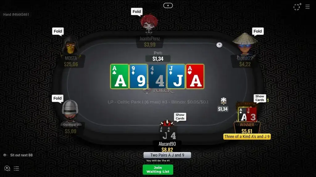 1xBet Türkiye çevrimiçi poker masası, oyuncular Texas Hold’em oynarken üç as kombinasyonu ile kazandı.