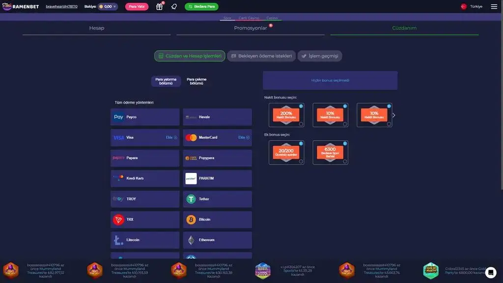 Ramenbet ödeme yöntemleri — Papara, Payfix, kredi kartı, Bitcoin ve Tether ile para yatır